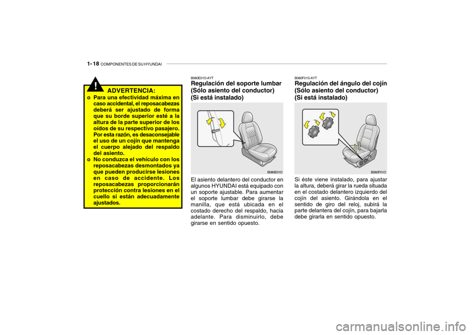 Hyundai Santa Fe 2004 Manual del propietario (in Spanish) 1- 18 COMPONENTES DE SU HYUNDAI
!ADVERTENCIA:
o Para una efectividad máxima en caso accidental, el reposacabezas deberá ser ajustado de formaque su borde superior esté a la altura de la parte supe Hyundai Santa Fe 2004 Manual del propietario (in Spanish) 1- 18 COMPONENTES DE SU HYUNDAI
!ADVERTENCIA:
o Para una efectividad máxima en caso accidental, el reposacabezas deberá ser ajustado de formaque su borde superior esté a la altura de la parte supe