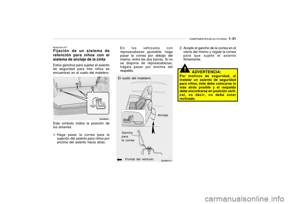 Hyundai Santa Fe 2004  Manual del propietario (in Spanish) COMPONENTES DE SU HYUNDAI   1- 31
!
B230C04O-AYT Fijación de un sistema de retención para niños con elsistema de anclaje de la cinta Estos ganchos para sujetar el asiento de seguridad para tres ni