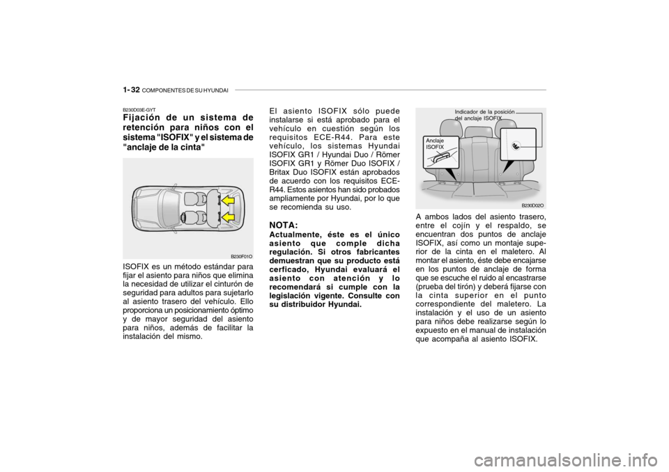 Hyundai Santa Fe 2004  Manual del propietario (in Spanish) 1- 32  COMPONENTES DE SU HYUNDAI
A ambos lados del asiento trasero,
entre el cojín y el respaldo, se encuentran dos puntos de anclajeISOFIX, así como un montaje supe- rior de la cinta en el maletero