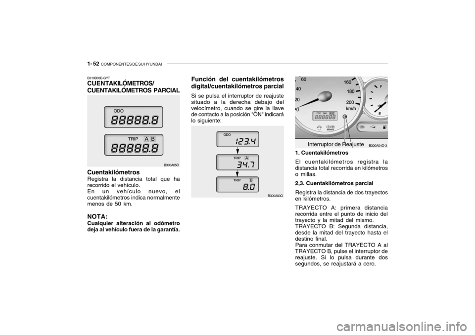 Hyundai Santa Fe 2004 Manual del propietario (in Spanish) 1- 52 COMPONENTES DE SU HYUNDAI
B300A04O-3
B300A03OInterruptor de Reajuste
B310B03E-GYT CUEN
TAKILÓMETROS/
CUENTAKILÓMETROS PARCIAL Cuentakilómetros Registra la distancia total que ha recorrido el Hyundai Santa Fe 2004 Manual del propietario (in Spanish) 1- 52 COMPONENTES DE SU HYUNDAI
B300A04O-3
B300A03OInterruptor de Reajuste
B310B03E-GYT CUEN
TAKILÓMETROS/
CUENTAKILÓMETROS PARCIAL Cuentakilómetros Registra la distancia total que ha recorrido el