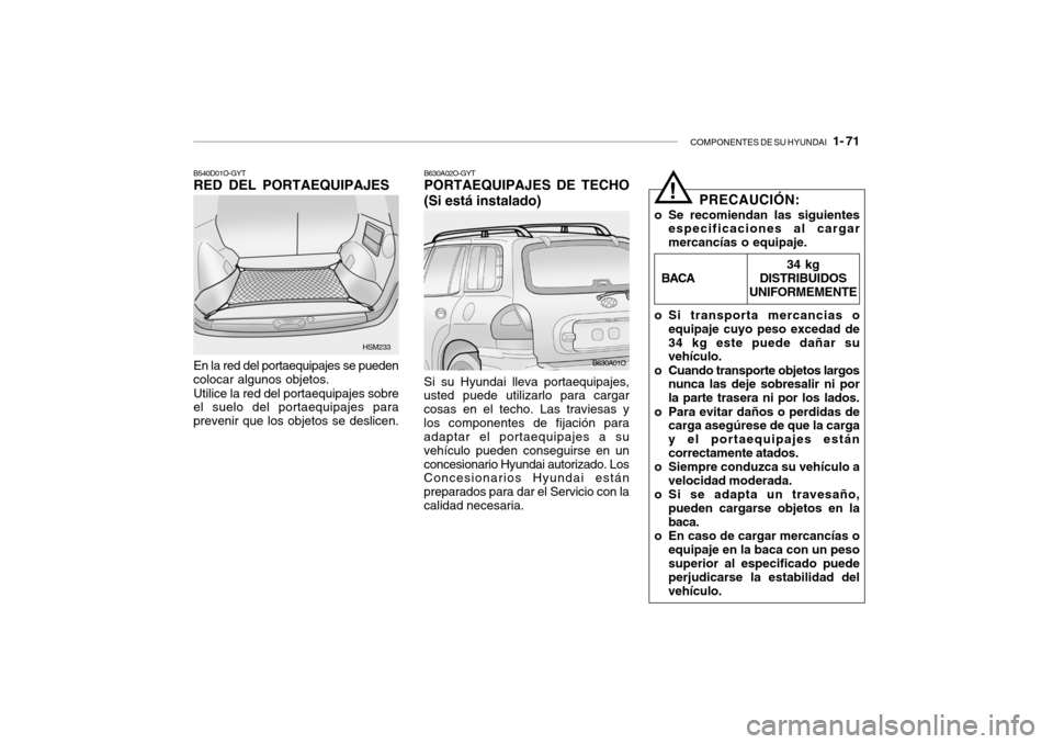 Hyundai Santa Fe 2004  Manual del propietario (in Spanish) COMPONENTES DE SU HYUNDAI   1- 71
B630A02O-GYT PORTAEQUIPAJES DE TECHO (Si está instalado) Si su Hyundai lleva portaequipajes,
usted puede utilizarlo para cargar cosas en el techo. Las traviesas ylos