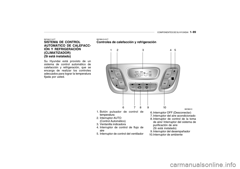 Hyundai Santa Fe 2004  Manual del propietario (in Spanish) COMPONENTES DE SU HYUNDAI   1- 89
B970A01Y-AYT SISTEMA DE CONTROL AUTOMÁTICO DE CALEFACC- IÓN Y REFRIGERACIÓN (CLIMATIZADOR)(Si está instalado) Su Hyundai está provisto de un sistema de control a