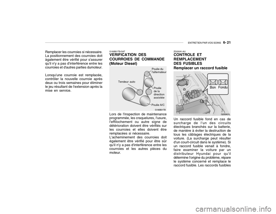 Hyundai Santa Fe 2004 Manuel du propriétaire (in French) ENTRETIEN PAR VOS SOINS 6- 21
Remplacer les courroies si nécessaire. La positionnement des courroies doit àgalement être vérifié pour sassurerquil ny a pas dinterférence entre les courroie Hyundai Santa Fe 2004 Manuel du propriétaire (in French) ENTRETIEN PAR VOS SOINS 6- 21
Remplacer les courroies si nécessaire. La positionnement des courroies doit àgalement être vérifié pour sassurerquil ny a pas dinterférence entre les courroie