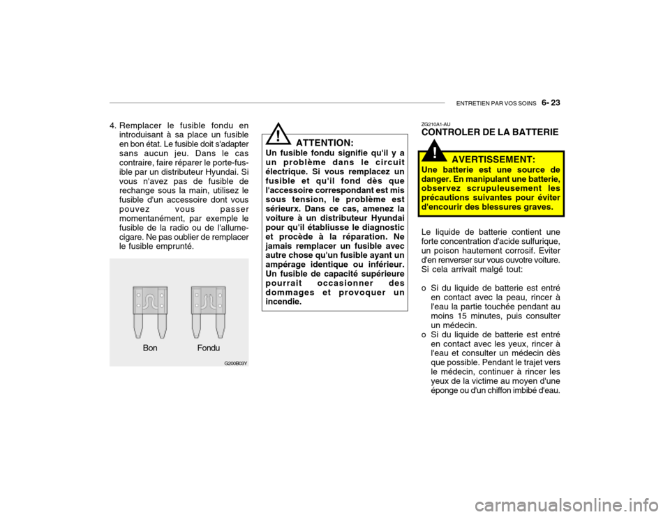 Hyundai Santa Fe 2004  Manuel du propriétaire (in French) ENTRETIEN PAR VOS SOINS   6- 23
4. Remplacer le fusible fondu en
introduisant à sa place un fusible en bon état. Le fusible doit sadaptersans aucun jeu. Dans le cas contraire, faire réparer le por