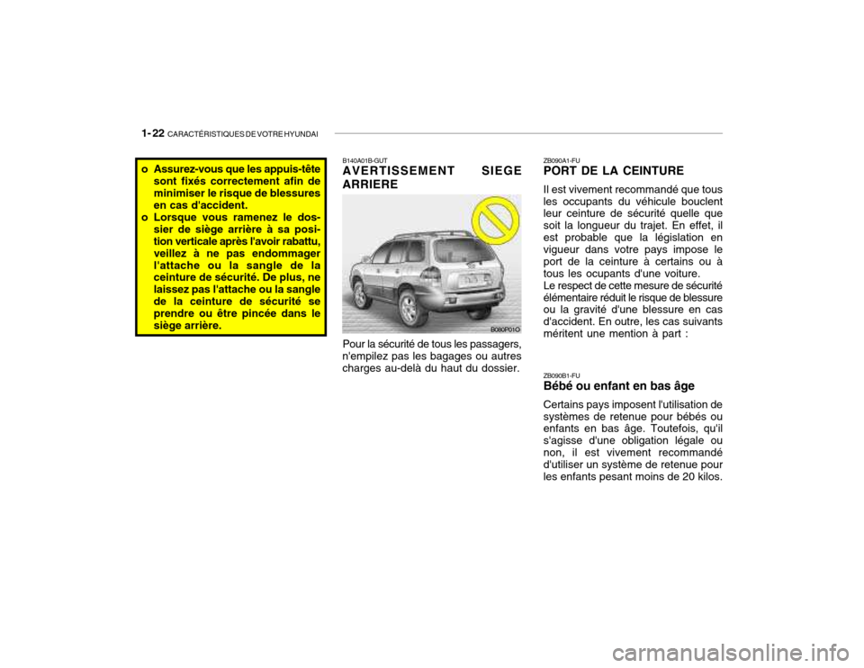 Hyundai Santa Fe 2004 Manuel du propriétaire (in French) 1- 22 CARACTÉRISTIQUES DE VOTRE HYUNDAI
B140A01B-GUT AVERTISSEMENT SIEGE
ARRIERE
Pour la sécurité de tous les passagers,
nempilez pas les bagages ou autres charges au-delà du haut du dossier. ZB Hyundai Santa Fe 2004 Manuel du propriétaire (in French) 1- 22 CARACTÉRISTIQUES DE VOTRE HYUNDAI
B140A01B-GUT AVERTISSEMENT SIEGE
ARRIERE
Pour la sécurité de tous les passagers,
nempilez pas les bagages ou autres charges au-delà du haut du dossier. ZB