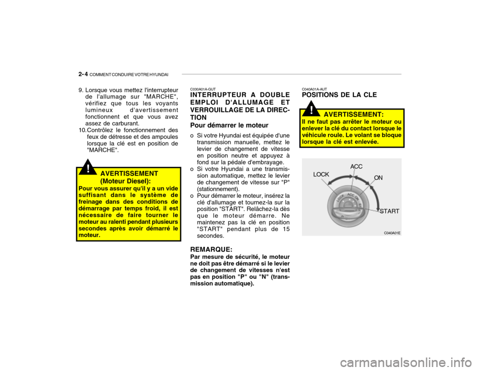 Hyundai Santa Fe 2004 Manuel du propriétaire (in French) 2- 4 COMMENT CONDUIRE VOTRE HYUNDAI
!
C040A01A-AUT POSITIONS DE LA CLE
AVERTISSEMENT:
Il ne faut pas arrêter le moteur ou enlever la clé du contact lorsque levéhicule roule. Le volant se bloque lo Hyundai Santa Fe 2004 Manuel du propriétaire (in French) 2- 4 COMMENT CONDUIRE VOTRE HYUNDAI
!
C040A01A-AUT POSITIONS DE LA CLE
AVERTISSEMENT:
Il ne faut pas arrêter le moteur ou enlever la clé du contact lorsque levéhicule roule. Le volant se bloque lo