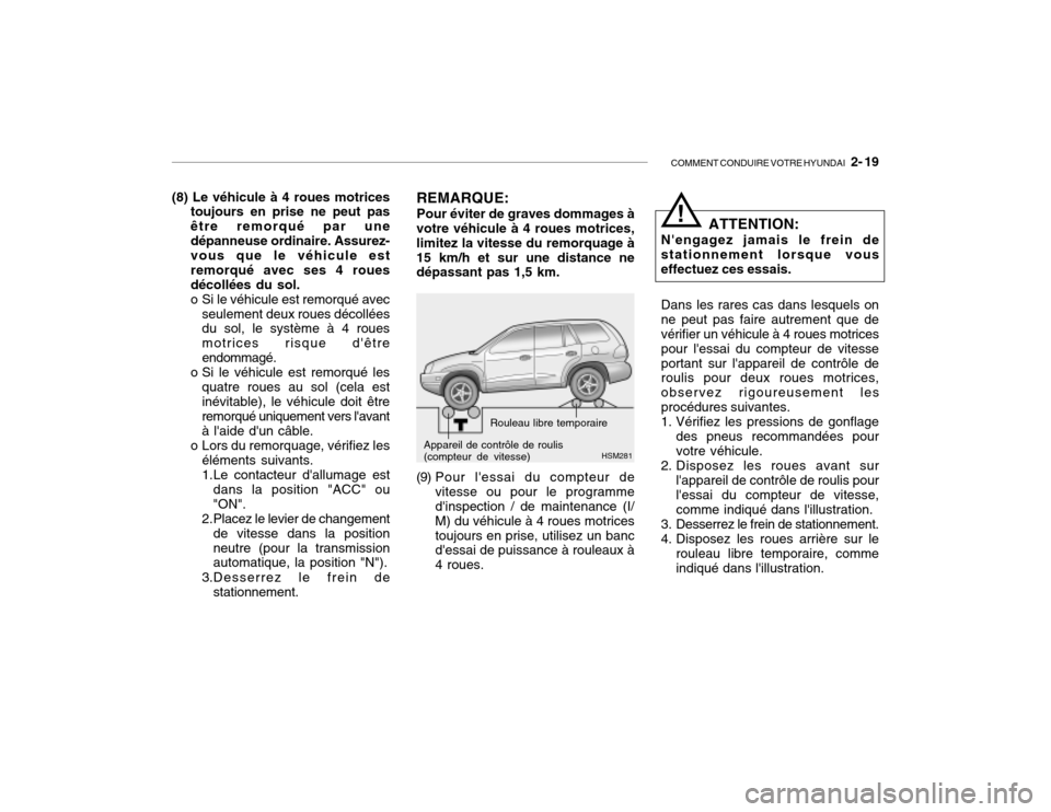 Hyundai Santa Fe 2004 Manuel du propriétaire (in French) COMMENT CONDUIRE VOTRE HYUNDAI 2- 19
(8) Le véhicule à 4 roues motrices
toujours en prise ne peut pas être remorqué par unedépanneuse ordinaire. Assurez- vous que le véhicule est remorqué ave Hyundai Santa Fe 2004 Manuel du propriétaire (in French) COMMENT CONDUIRE VOTRE HYUNDAI 2- 19
(8) Le véhicule à 4 roues motrices
toujours en prise ne peut pas être remorqué par unedépanneuse ordinaire. Assurez- vous que le véhicule est remorqué ave