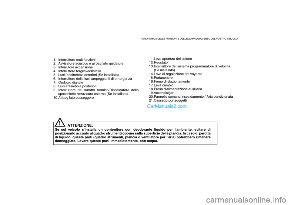 Hyundai Santa Fe 2004 Manuale del proprietario (in Italian) PANORAMICA DELLE FUNZIONI E DELLEQUIPAGGIAMENTO DEL VOSTRO VEICOLO
!ATTENZIONE:
Se sul veicolo sinstalla un contenitore con deodorante liquido per lambiente, evitare di posizionarlo accanto al quad Hyundai Santa Fe 2004 Manuale del proprietario (in Italian) PANORAMICA DELLE FUNZIONI E DELLEQUIPAGGIAMENTO DEL VOSTRO VEICOLO
!ATTENZIONE:
Se sul veicolo sinstalla un contenitore con deodorante liquido per lambiente, evitare di posizionarlo accanto al quad