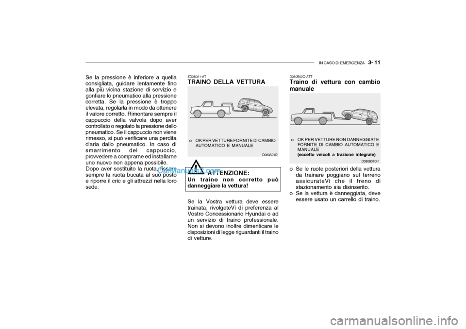Hyundai Santa Fe 2004 Manuale del proprietario (in Italian) IN CASO DI EMERGENZA 3- 11
D080A01O
ZD080A1-AT TRAINO DELLA VETTURA
o OK PER VETTURE FORNITE DI CAMBIO AUTOMATICO E MANUALE
ATTENZIONE:
Un traino non corretto può
danneggiare la vettura!
Se la Vost Hyundai Santa Fe 2004 Manuale del proprietario (in Italian) IN CASO DI EMERGENZA 3- 11
D080A01O
ZD080A1-AT TRAINO DELLA VETTURA
o OK PER VETTURE FORNITE DI CAMBIO AUTOMATICO E MANUALE
ATTENZIONE:
Un traino non corretto può
danneggiare la vettura!
Se la Vost