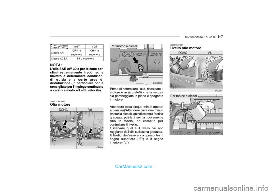 Hyundai Santa Fe 2004 Manuale del proprietario (in Italian) MANUTENZIONE "FAI-DA-TE" 6- 7
G030D01A-GTT Livello olio motore
G030C01FC-GTT Olio motore Prima di controllare lolio, riscaldate il motore e assicurateVi che la vettura sia parcheggiata in piano e s Hyundai Santa Fe 2004 Manuale del proprietario (in Italian) MANUTENZIONE "FAI-DA-TE" 6- 7
G030D01A-GTT Livello olio motore
G030C01FC-GTT Olio motore Prima di controllare lolio, riscaldate il motore e assicurateVi che la vettura sia parcheggiata in piano e s