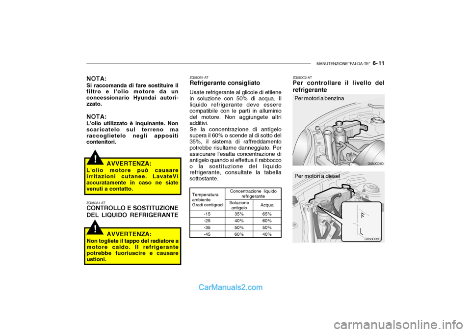 Hyundai Santa Fe 2004 Manuale del proprietario (in Italian) MANUTENZIONE "FAI-DA-TE" 6- 11
!
!
NOTA: Si raccomanda di fare sostituire il filtro e lolio motore da un concessionario Hyundai autori-zzato. NOTA: Lolio utilizzato è inquinante. Non scaricatelo Hyundai Santa Fe 2004 Manuale del proprietario (in Italian) MANUTENZIONE "FAI-DA-TE" 6- 11
!
!
NOTA: Si raccomanda di fare sostituire il filtro e lolio motore da un concessionario Hyundai autori-zzato. NOTA: Lolio utilizzato è inquinante. Non scaricatelo
