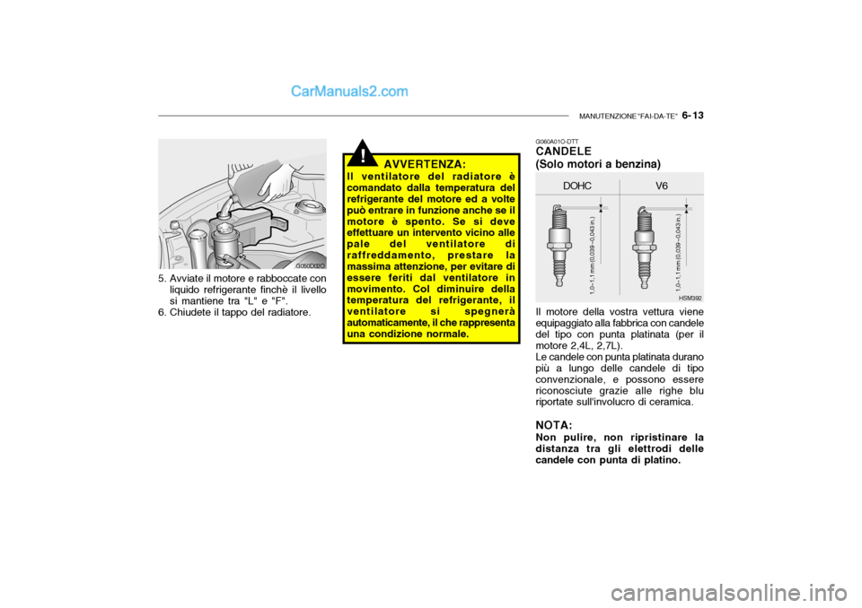 Hyundai Santa Fe 2004 Manuale del proprietario (in Italian) MANUTENZIONE "FAI-DA-TE" 6- 13
!
5. Avviate il motore e rabboccate con
liquido refrigerante finchè il livello si mantiene tra "L" e "F".
6. Chiudete il tappo del radiatore.
G050D02O G060A01O-DTT CA Hyundai Santa Fe 2004 Manuale del proprietario (in Italian) MANUTENZIONE "FAI-DA-TE" 6- 13
!
5. Avviate il motore e rabboccate con
liquido refrigerante finchè il livello si mantiene tra "L" e "F".
6. Chiudete il tappo del radiatore.
G050D02O G060A01O-DTT CA