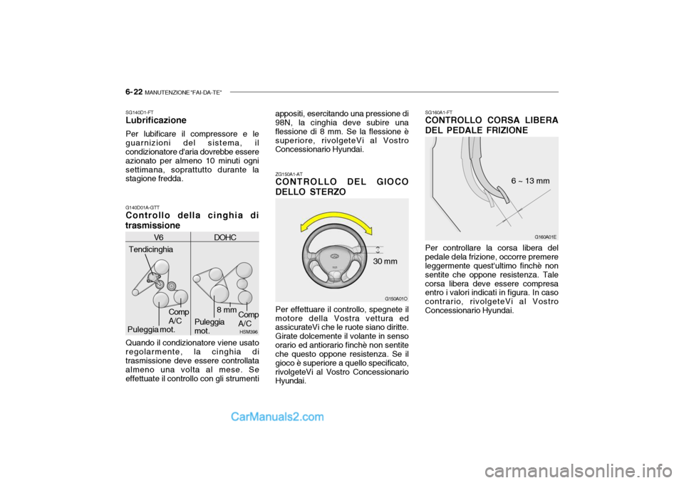 Hyundai Santa Fe 2004 Manuale del proprietario (in Italian) 6- 22 MANUTENZIONE "FAI-DA-TE"
G160A01E
6 ~ 13 mm
SG160A1-FT CONTROLLO CORSA LIBERA DEL PEDALE FRIZIONE Per controllare la corsa libera del pedale dela frizione, occorre premere leggermente questult Hyundai Santa Fe 2004 Manuale del proprietario (in Italian) 6- 22 MANUTENZIONE "FAI-DA-TE"
G160A01E
6 ~ 13 mm
SG160A1-FT CONTROLLO CORSA LIBERA DEL PEDALE FRIZIONE Per controllare la corsa libera del pedale dela frizione, occorre premere leggermente questult