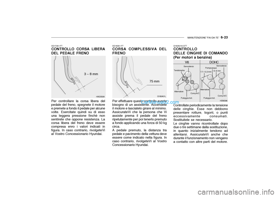 Hyundai Santa Fe 2004 Manuale del proprietario (in Italian) MANUTENZIONE "FAI-DA-TE" 6- 23
SG180A1-FT CORSA COMPLESSIVA DEL FRENO Per effettuare questo controllo avrete bisogno di un assistente. Accendeteil motore e lasciatelo girare al minimo. AssicurateVi Hyundai Santa Fe 2004 Manuale del proprietario (in Italian) MANUTENZIONE "FAI-DA-TE" 6- 23
SG180A1-FT CORSA COMPLESSIVA DEL FRENO Per effettuare questo controllo avrete bisogno di un assistente. Accendeteil motore e lasciatelo girare al minimo. AssicurateVi