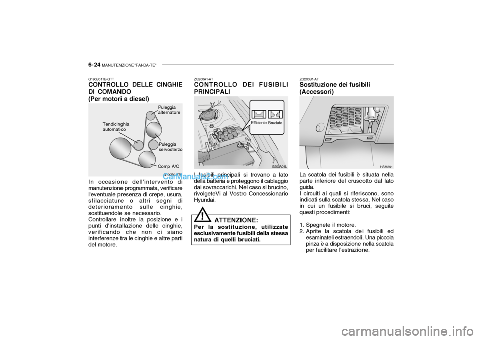 Hyundai Santa Fe 2004 Manuale del proprietario (in Italian) 6- 24 MANUTENZIONE "FAI-DA-TE"
G200A01L
ZG200A1-AT CONTROLLO DEI FUSIBILI
PRINCIPALI
Bruciato
Efficiente
I fusibili principali si trovano a lato
della batteria e proteggono il cablaggiodai sovraccari Hyundai Santa Fe 2004 Manuale del proprietario (in Italian) 6- 24 MANUTENZIONE "FAI-DA-TE"
G200A01L
ZG200A1-AT CONTROLLO DEI FUSIBILI
PRINCIPALI
Bruciato
Efficiente
I fusibili principali si trovano a lato
della batteria e proteggono il cablaggiodai sovraccari
