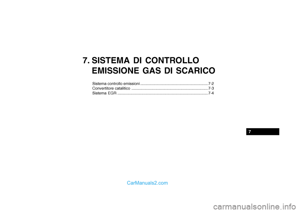Hyundai Santa Fe 2004  Manuale del proprietario (in Italian) 7. SISTEMA DI CONTROLLOEMISSIONE GAS DI SCARICO
Sistema controllo emissioni .............................................................. 7-2 
Convertitore catalitico ................................