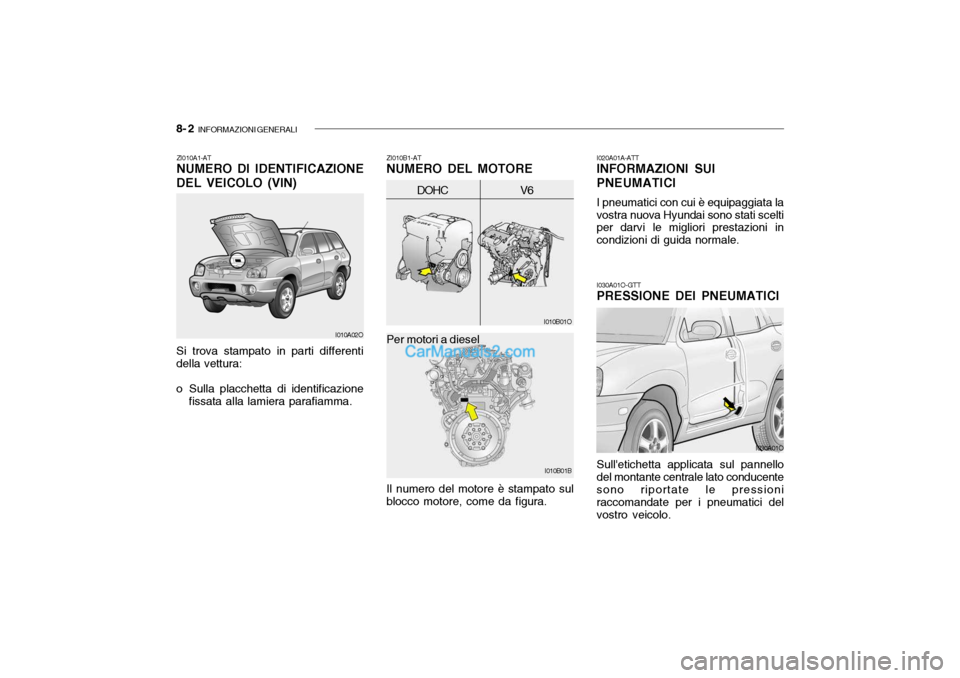 Hyundai Santa Fe 2004  Manuale del proprietario (in Italian) 8- 2  INFORMAZIONI GENERALI
I030A01O-GTT PRESSIONE DEI PNEUMATICI
Sulletichetta applicata sul pannello del montante centrale lato conducente sono riportate le pressioni raccomandate per i pneumatici 