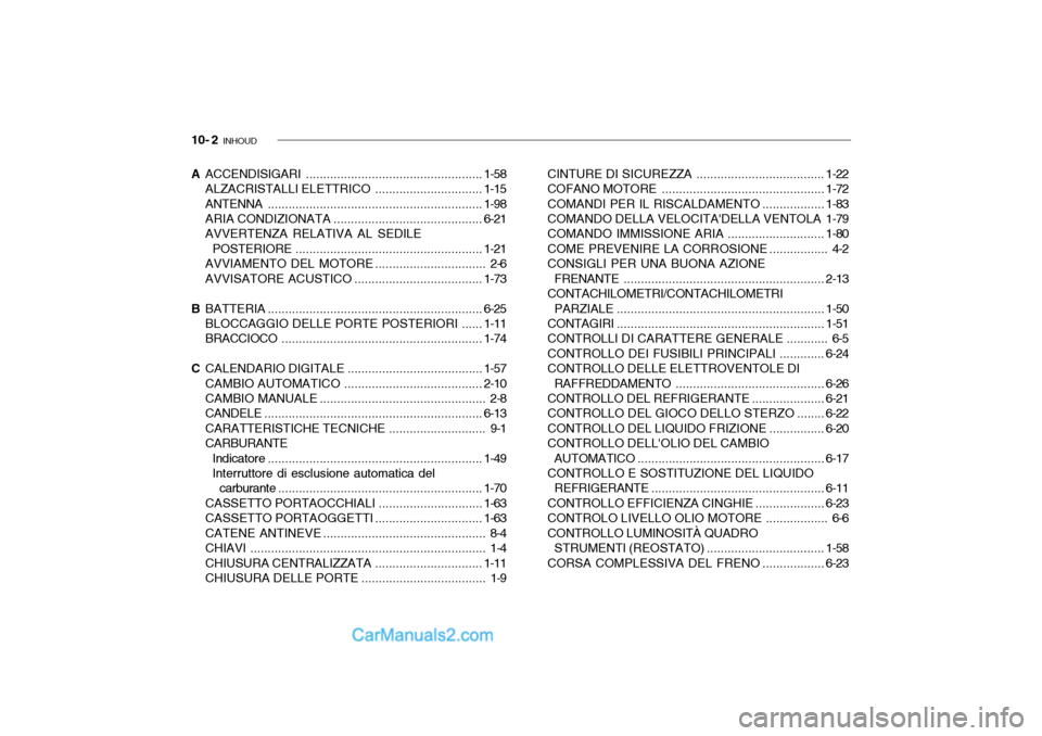 Hyundai Santa Fe 2004 Manuale del proprietario (in Italian) 10- 2 INHOUD
A ACCENDISIGARI ................................................... 1-58
ALZACRISTALLI ELETTRICO ...............................1-15
ANTENNA ............................................. Hyundai Santa Fe 2004 Manuale del proprietario (in Italian) 10- 2 INHOUD
A ACCENDISIGARI ................................................... 1-58
ALZACRISTALLI ELETTRICO ...............................1-15
ANTENNA .............................................