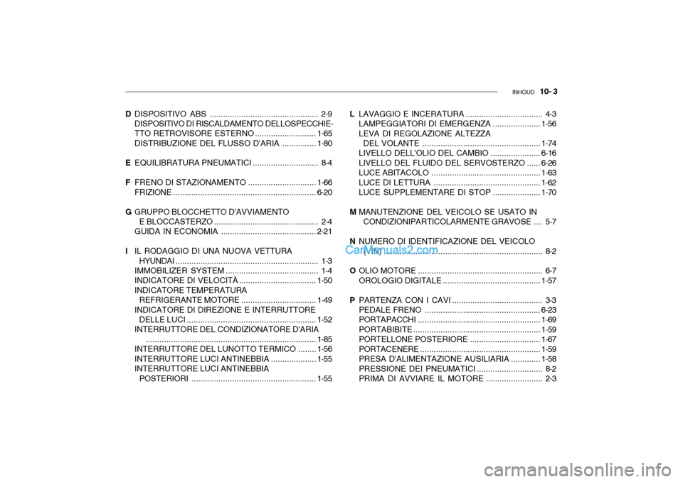 Hyundai Santa Fe 2004 Manuale del proprietario (in Italian) INHOUD 10- 3
L LAVAGGIO E INCE RATURA .................................. 4-3
LAMPEGGIATORI DI EMERGENZA ..................... 1-56
LEVA DI REGOLAZIONE ALTEZZA DEL VOLANTE .......................... Hyundai Santa Fe 2004 Manuale del proprietario (in Italian) INHOUD 10- 3
L LAVAGGIO E INCE RATURA .................................. 4-3
LAMPEGGIATORI DI EMERGENZA ..................... 1-56
LEVA DI REGOLAZIONE ALTEZZA DEL VOLANTE ..........................