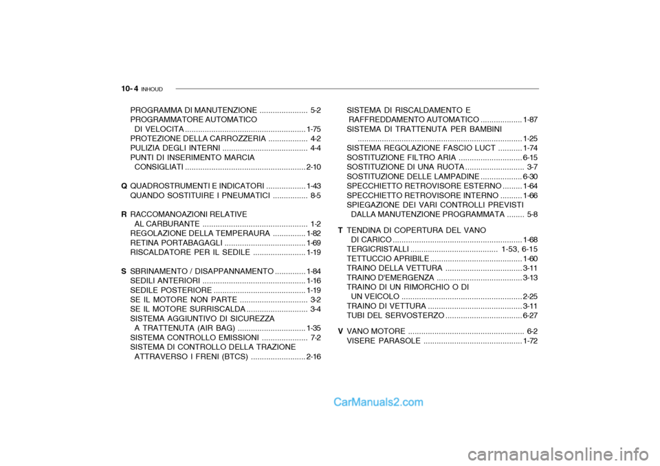 Hyundai Santa Fe 2004 Manuale del proprietario (in Italian) 10- 4 INHOUD
PROGRAMMA DI MANUTENZIONE ...................... 5-2
PROGRAMMATORE AUTOMATICO DI VELOCITA ....................................................... 1-75
PROTEZIONE DELLA CARROZZERIA ...... Hyundai Santa Fe 2004 Manuale del proprietario (in Italian) 10- 4 INHOUD
PROGRAMMA DI MANUTENZIONE ...................... 5-2
PROGRAMMATORE AUTOMATICO DI VELOCITA ....................................................... 1-75
PROTEZIONE DELLA CARROZZERIA ......