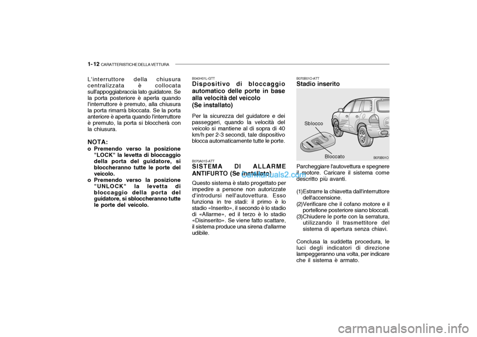 Hyundai Santa Fe 2004 Manuale del proprietario (in Italian) 1- 12 CARATTERISTICHE DELLA VETTURA
B070B01O-ATT Stadio inserito
Sblocco
Parcheggiare lautovettura e spegnere
il motore. Caricare il sistema comedescritto più avanti.
(1)Estrarre la chiavetta dall Hyundai Santa Fe 2004 Manuale del proprietario (in Italian) 1- 12 CARATTERISTICHE DELLA VETTURA
B070B01O-ATT Stadio inserito
Sblocco
Parcheggiare lautovettura e spegnere
il motore. Caricare il sistema comedescritto più avanti.
(1)Estrarre la chiavetta dall