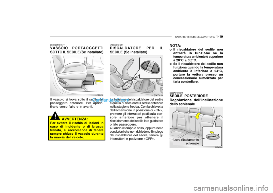 Hyundai Santa Fe 2004 Manuale del proprietario (in Italian) CARATTERISTICHE DELLA VETTURA 1- 19
!
B080G01FC-ATT VASSOIO PORTAOGGETTI SOTTO IL SEDILE (Se installato)
Il vassoio si trova sotto il sedile del
passeggero anteriore. Per aprirlo, tirarlo verso lal Hyundai Santa Fe 2004 Manuale del proprietario (in Italian) CARATTERISTICHE DELLA VETTURA 1- 19
!
B080G01FC-ATT VASSOIO PORTAOGGETTI SOTTO IL SEDILE (Se installato)
Il vassoio si trova sotto il sedile del
passeggero anteriore. Per aprirlo, tirarlo verso lal