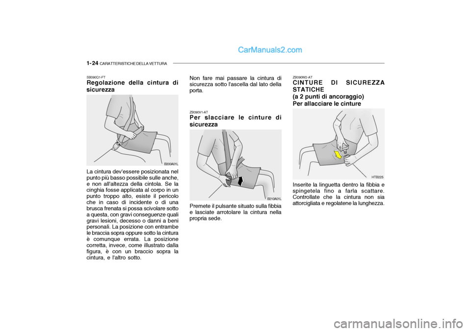 Hyundai Santa Fe 2004 Manuale del proprietario (in Italian) 1- 24 CARATTERISTICHE DELLA VETTURA
ZB090V1-AT Per slacciare le cinture di sicurezza Premete il pulsante situato sulla fibbia
e lasciate arrotolare la cintura nella propria sede. HTB225
ZB090W2-AT CI Hyundai Santa Fe 2004 Manuale del proprietario (in Italian) 1- 24 CARATTERISTICHE DELLA VETTURA
ZB090V1-AT Per slacciare le cinture di sicurezza Premete il pulsante situato sulla fibbia
e lasciate arrotolare la cintura nella propria sede. HTB225
ZB090W2-AT CI