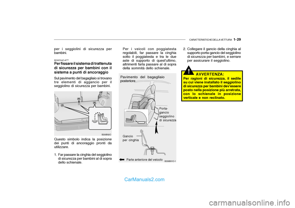 Hyundai Santa Fe 2004 Manuale del proprietario (in Italian) CARATTERISTICHE DELLA VETTURA 1- 29
B230C04O-ATT Per fissare il sistema di trattenuta di sicurezza per bambini con ilsistema a punti di ancoraggio Sul pavimento del bagagliaio si trovano tre element Hyundai Santa Fe 2004 Manuale del proprietario (in Italian) CARATTERISTICHE DELLA VETTURA 1- 29
B230C04O-ATT Per fissare il sistema di trattenuta di sicurezza per bambini con ilsistema a punti di ancoraggio Sul pavimento del bagagliaio si trovano tre element