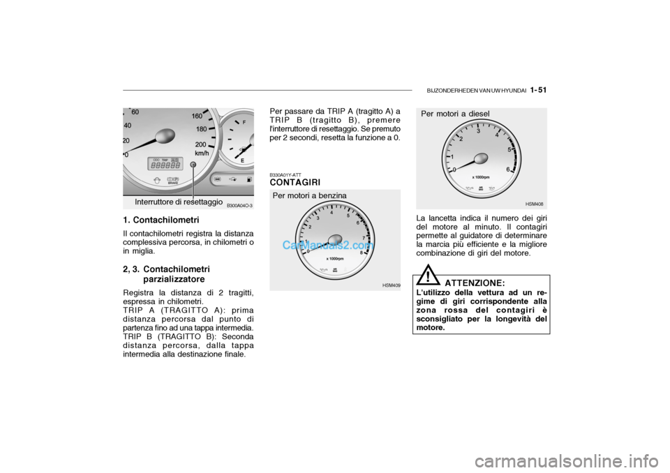 Hyundai Santa Fe 2004 Manuale del proprietario (in Italian) BIJZONDERHEDEN VAN UW HYUNDAI 1- 51
B330A01Y-ATT CONTAGIRI
La lancetta indica il numero dei giri del motore al minuto. Il contagiri permette al guidatore di determinare la marcia più efficiente e l Hyundai Santa Fe 2004 Manuale del proprietario (in Italian) BIJZONDERHEDEN VAN UW HYUNDAI 1- 51
B330A01Y-ATT CONTAGIRI
La lancetta indica il numero dei giri del motore al minuto. Il contagiri permette al guidatore di determinare la marcia più efficiente e l