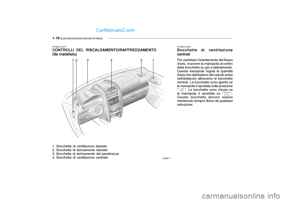 Hyundai Santa Fe 2004  Manuale del proprietario (in Italian) 1- 78  BIJZONDERHEDEN VAN UW HYUNDAI
B710A01O-GTT CONTROLLI DEL RISCALDAMENTO/RAFFREDDAMENTO 
(Se installato) 1. Bocchetta di ventilazione laterale 2. Bocchetta di sbrinamento laterale 3. Bocchetta di