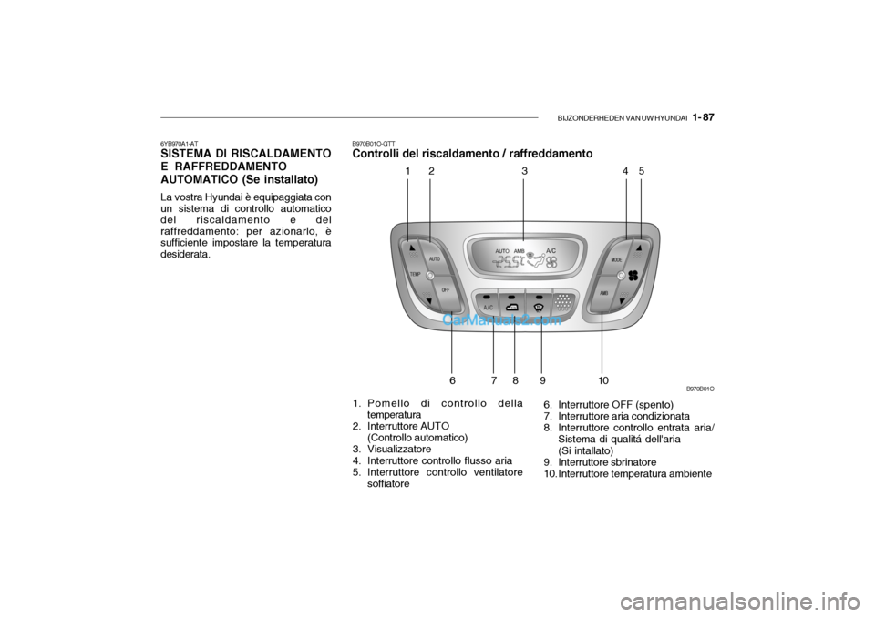 Hyundai Santa Fe 2004  Manuale del proprietario (in Italian) BIJZONDERHEDEN VAN UW HYUNDAI   1- 87
6YB970A1-AT SISTEMA DI RISCALDAMENTO E RAFFREDDAMENTO AUTOMATICO (Se installato) La vostra Hyundai è equipaggiata con un sistema di controllo automatico del risc
