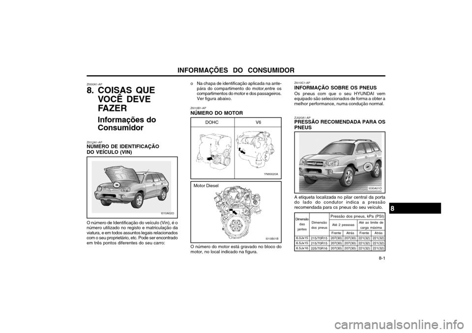 Hyundai Santa Fe 2004 Manual do proprietário (in Portuguese) INFORMAÇÕES DO CONSUMIDOR 8-1
ZI000A1-AP
8. COISAS QUE
VOCÊ DEVE
FAZER
Informações do Consumidor
ZI010A1-AP NÚMERO DE IDENTIFICAÇÃO DO VEÍCULO (VIN) O número de Identificação do veíc Hyundai Santa Fe 2004 Manual do proprietário (in Portuguese) INFORMAÇÕES DO CONSUMIDOR 8-1
ZI000A1-AP
8. COISAS QUE
VOCÊ DEVE
FAZER
Informações do Consumidor
ZI010A1-AP NÚMERO DE IDENTIFICAÇÃO DO VEÍCULO (VIN) O número de Identificação do veíc