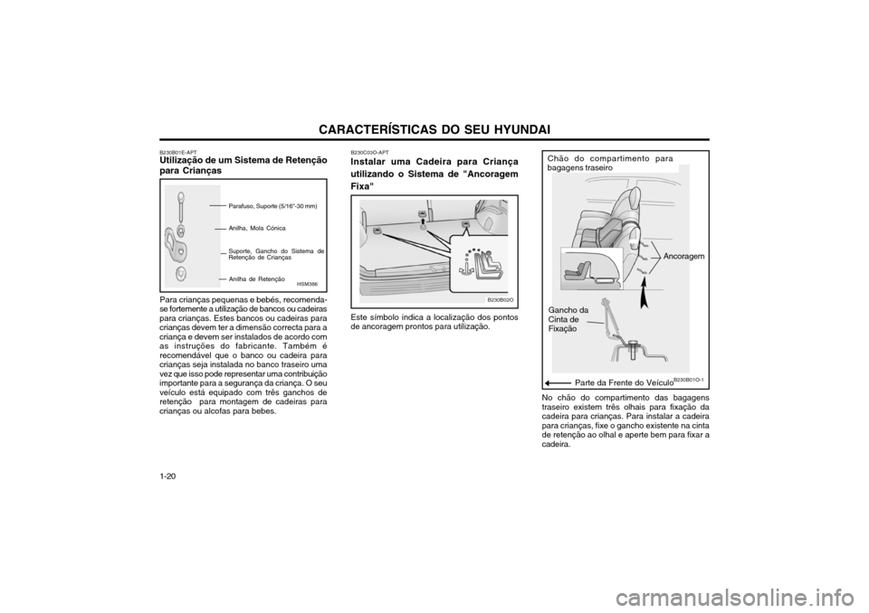 Hyundai Santa Fe 2004 Manual do proprietário (in Portuguese) CARACTERÍSTICAS DO SEU HYUNDAI
1-20
HSM386
B230B01E-APT
Utilização de um Sistema de Retenção para Crianças
Parafuso, Suporte (5/16"-30 mm) Anilha, Mola Cónica
Suporte, Gancho do Sistema de Rete Hyundai Santa Fe 2004 Manual do proprietário (in Portuguese) CARACTERÍSTICAS DO SEU HYUNDAI
1-20
HSM386
B230B01E-APT
Utilização de um Sistema de Retenção para Crianças
Parafuso, Suporte (5/16"-30 mm) Anilha, Mola Cónica
Suporte, Gancho do Sistema de Rete