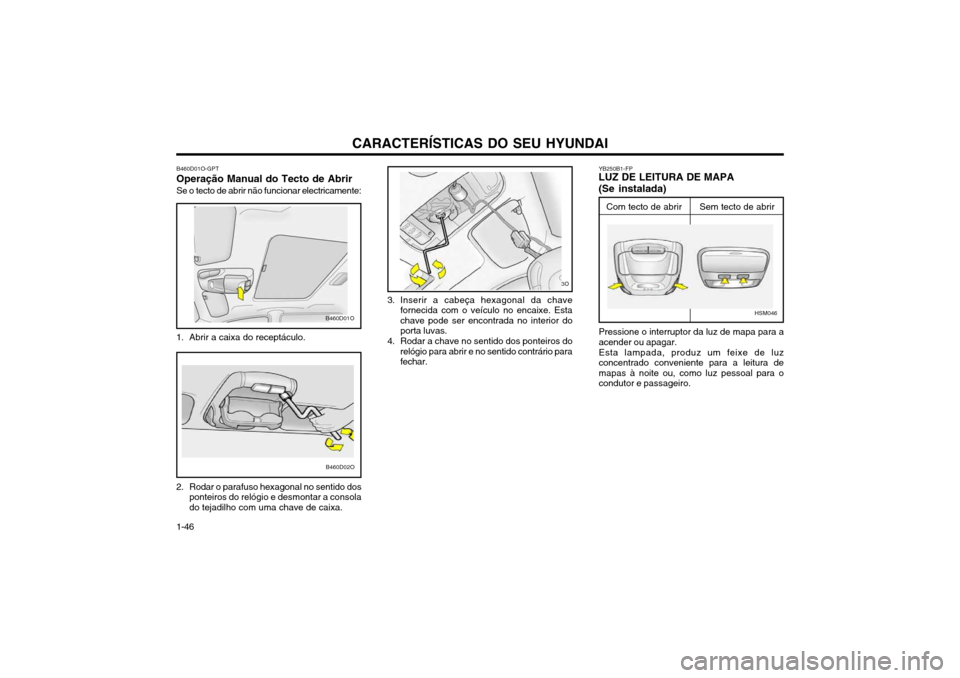 Hyundai Santa Fe 2004  Manual do proprietário (in Portuguese) CARACTERÍSTICAS DO SEU HYUNDAI
1-46 B460D01O-GPT
Operação Manual do Tecto de Abrir
Se o tecto de abrir não funcionar electricamente:
1. Abrir a caixa do receptáculo. 3. Inserir a cabeça hexagona