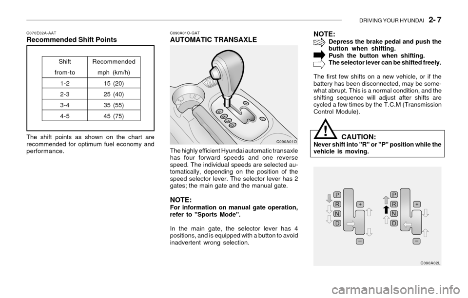 Hyundai Santa Fe 2003  Owners Manual DRIVING YOUR HYUNDAI   2- 7
C070E02A-AATRecommended Shift Points
The shift points as shown on the chart are
recommended for optimum fuel economy and
performance.
Shift
from-to
1-2
2-3
3-4
4-5Recommend