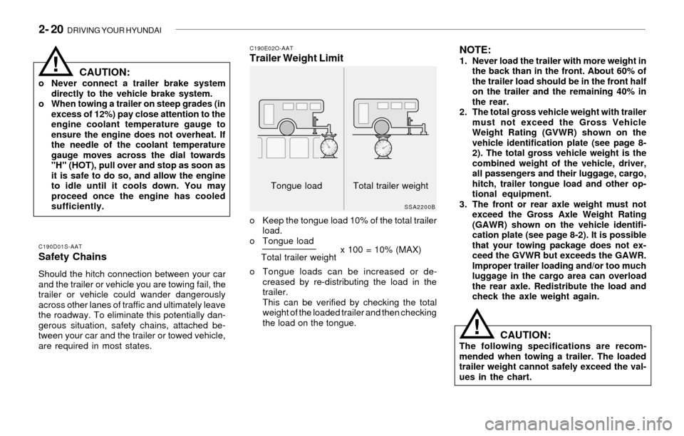 Hyundai Santa Fe 2003  Owners Manual 2- 20  DRIVING YOUR HYUNDAI
x 100 = 10% (MAX)
NOTE:1. Never load the trailer with more weight in
the back than in the front. About 60% of
the trailer load should be in the front half
on the trailer an