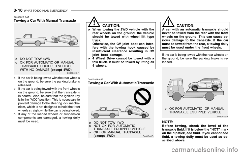 Hyundai Santa Fe 2003  Owners Manual 3- 10  WHAT TO DO IN AN EMERGENCY
!
D080B02O-AATTowing a Car With Manual Transaxle
D080C02A-AATTowing a Car With Automatic Transaxle
o If the car is being towed with the rear wheels
on the ground, be 