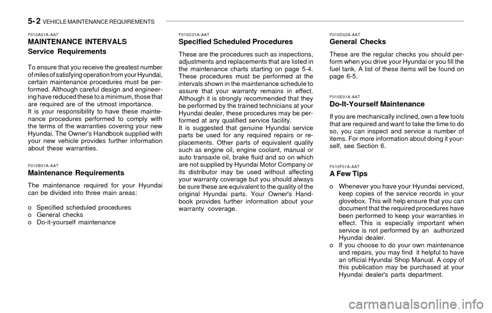 Hyundai Santa Fe 2003  Owners Manual 5- 2  VEHICLE MAINTENANCE REQUIREMENTS
F010D02A-AATGeneral Checks
These are the regular checks you should per-
form when you drive your Hyundai or you fill the
fuel tank. A list of these items will be