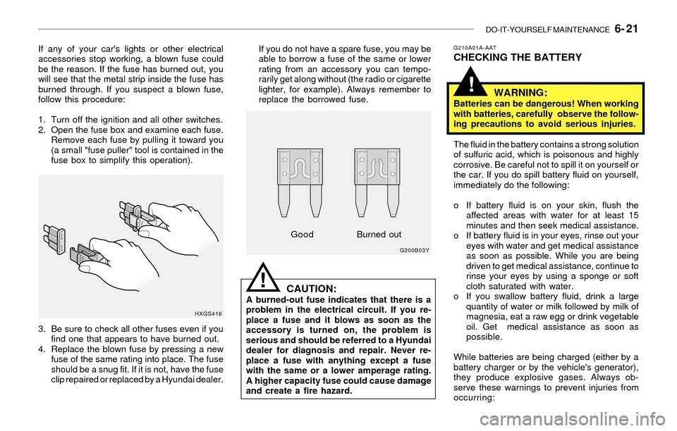 Hyundai Santa Fe 2003  Owners Manual DO-IT-YOURSELF MAINTENANCE   6- 21
!
If any of your cars lights or other electrical
accessories stop working, a blown fuse could
be the reason. If the fuse has burned out, you
will see that the metal