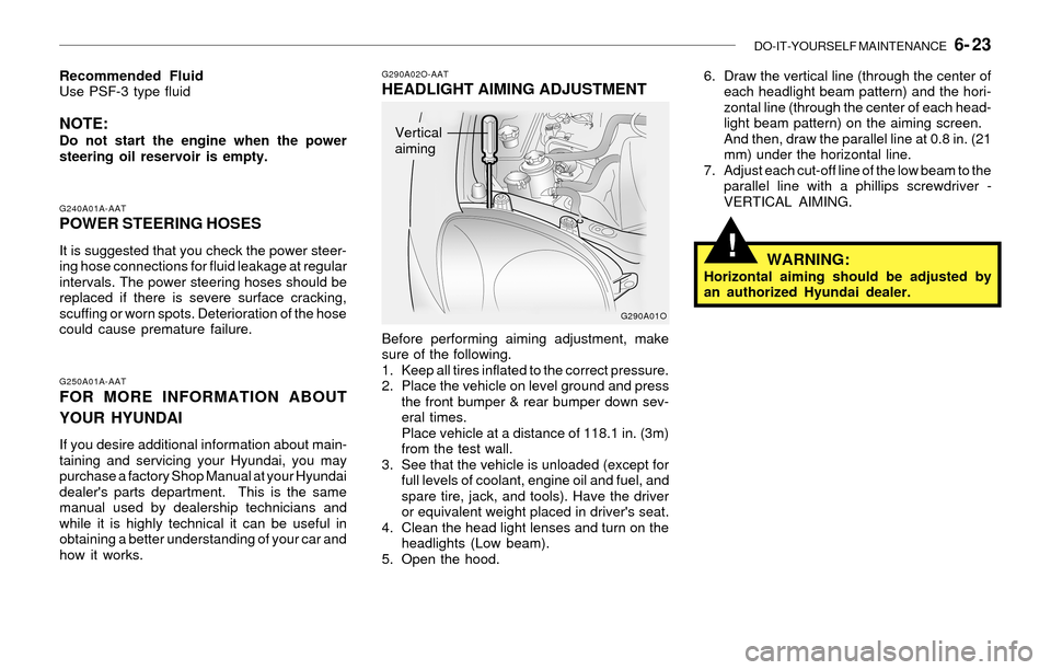 Hyundai Santa Fe 2003  Owners Manual DO-IT-YOURSELF MAINTENANCE   6- 23
!
G250A01A-AATFOR MORE INFORMATION ABOUT
YOUR HYUNDAI
If you desire additional information about main-
taining and servicing your Hyundai, you may
purchase a factory