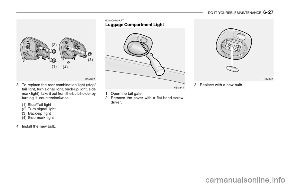 Hyundai Santa Fe 2003  Owners Manual DO-IT-YOURSELF MAINTENANCE   6- 27
HSM423
3. To replace the rear combination light (stop/
tail light, turn signal light, back-up light, side
mark light), take it out from the bulb holder by
turning it