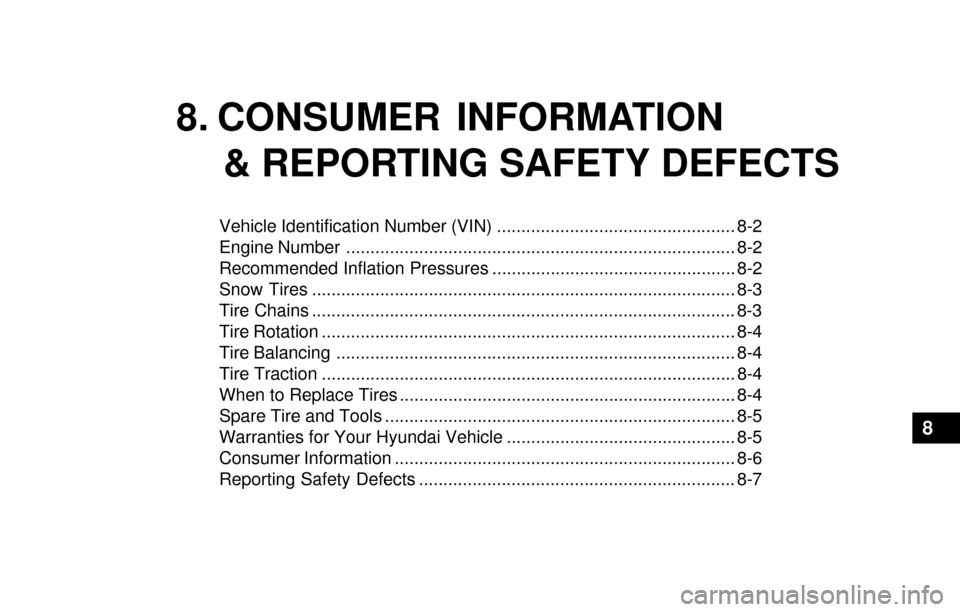 Hyundai Santa Fe 2003  Owners Manual 8. CONSUMER INFORMATION
     & REPORTING SAFETY DEFECTS
Vehicle Identification Number (VIN) ................................................. 8-2
Engine Number ........................................