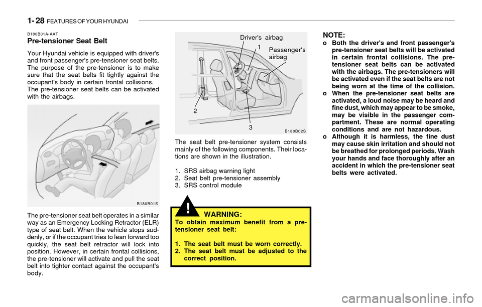 Hyundai Santa Fe 2003  Owners Manual 1- 28  FEATURES OF YOUR HYUNDAI
!
The seat belt pre-tensioner system consists
mainly of the following components. Their loca-
tions are shown in the illustration.
1. SRS airbag warning light
2. Seat b