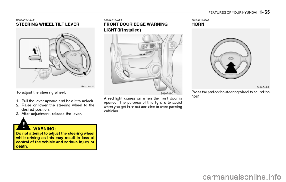 Hyundai Santa Fe 2003  Owners Manual FEATURES OF YOUR HYUNDAI   1- 65
!
To adjust the steering wheel:
1. Pull the lever upward and hold it to unlock.
2. Raise or lower the steering wheel to the
desired position.
3. After adjustment, rele