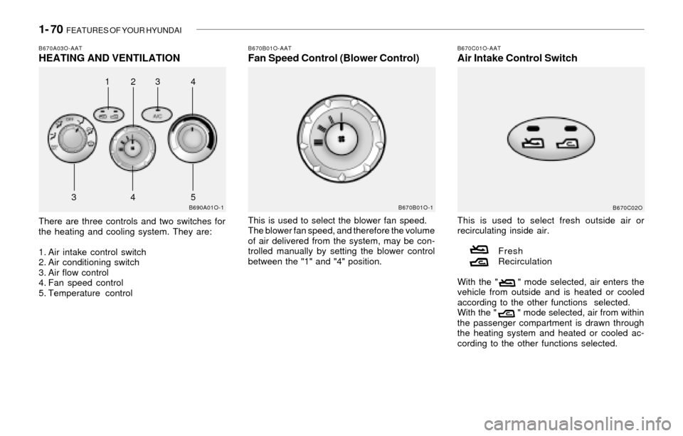 Hyundai Santa Fe 2003 Owners Manual 1- 70 FEATURES OF YOUR HYUNDAI
B670C01O-AATAir Intake Control Switch
This is used to select fresh outside air or
recirculating inside air.
Fresh
Recirculation
With the " " mode selected, air ent Hyundai Santa Fe 2003 Owners Manual 1- 70 FEATURES OF YOUR HYUNDAI
B670C01O-AATAir Intake Control Switch
This is used to select fresh outside air or
recirculating inside air.
Fresh
Recirculation
With the " " mode selected, air ent