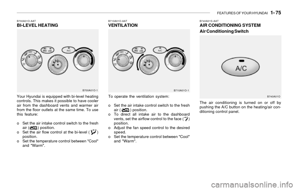 Hyundai Santa Fe 2003  Owners Manual FEATURES OF YOUR HYUNDAI   1- 75
To operate the ventilation system:
o Set the air intake control switch to the fresh
air (        ) position.
o To direct all intake air to the dashboard
vents, set the