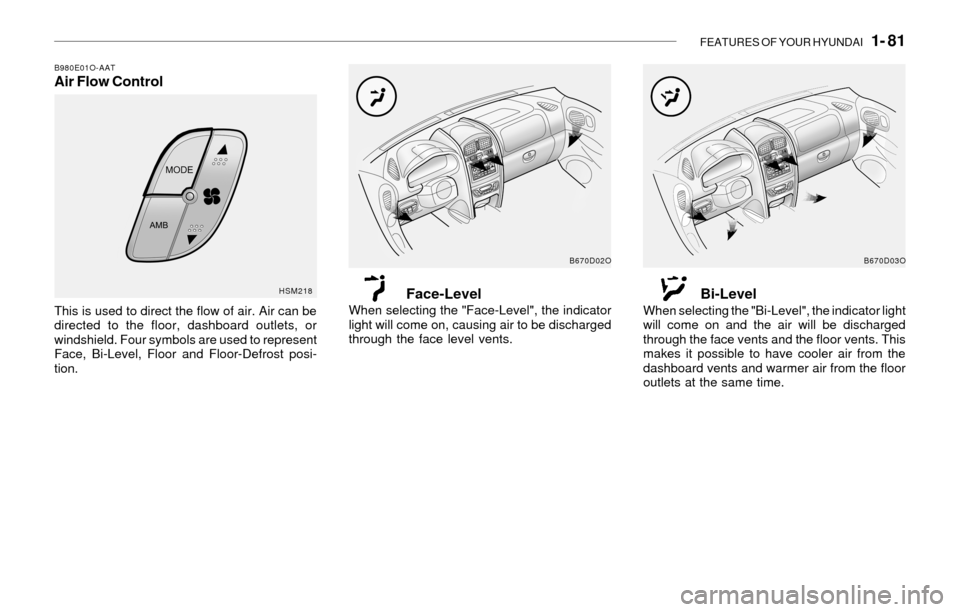 Hyundai Santa Fe 2003  Owners Manual FEATURES OF YOUR HYUNDAI   1- 81
B980E01O-AATAir Flow Control
B670D02O
Face-LevelWhen selecting the "Face-Level", the indicator
light will come on, causing air to be discharged
through the face level 