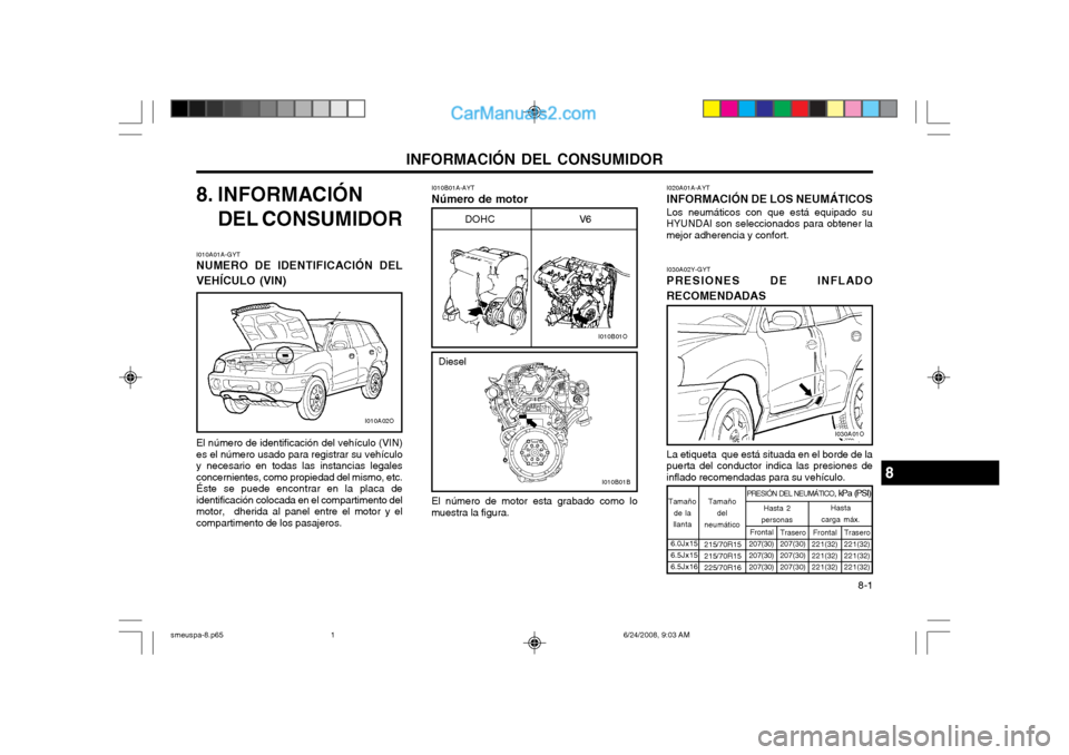 Hyundai Santa Fe 2003 Manual del propietario (in Spanish) INFORMACIÓN DEL CONSUMIDOR 8-1
I010B01A-AYT Número de motor
8. INFORMACIÓN
DEL CONSUMIDOR
El número de motor esta grabado como lo muestra la figura. I020A01A-AYT INFORMACIÓN DE LOS NEUMÁTICOS Lo Hyundai Santa Fe 2003 Manual del propietario (in Spanish) INFORMACIÓN DEL CONSUMIDOR 8-1
I010B01A-AYT Número de motor
8. INFORMACIÓN
DEL CONSUMIDOR
El número de motor esta grabado como lo muestra la figura. I020A01A-AYT INFORMACIÓN DE LOS NEUMÁTICOS Lo