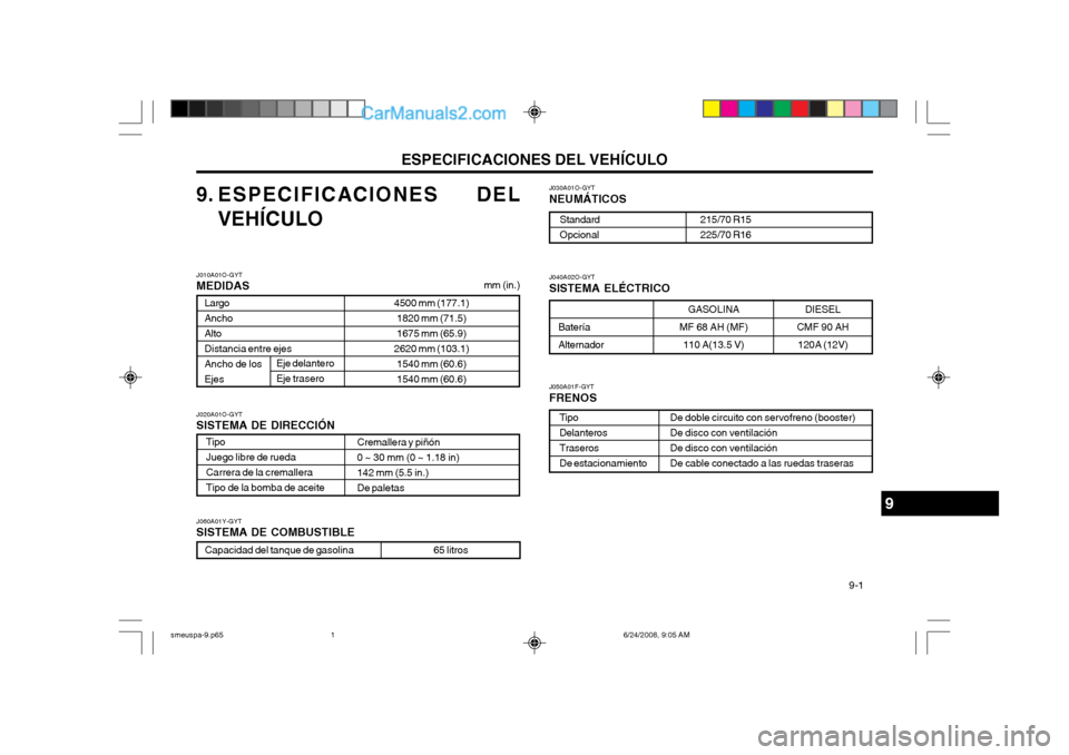 Hyundai Santa Fe 2003  Manual del propietario (in Spanish) ESPECIFICACIONES DEL VEHÍCULO  9-1
9. ESPECIFICACIONES DEL
VEHÍCULO J030A01O-GYT NEUMÁTICOS
Standard Opcional
215/70 R15225/70 R16
J010A01O-GYT MEDIDAS mm (in.)
J020A01O-GYTSISTEMA DE DIRECCIÓN
Cr