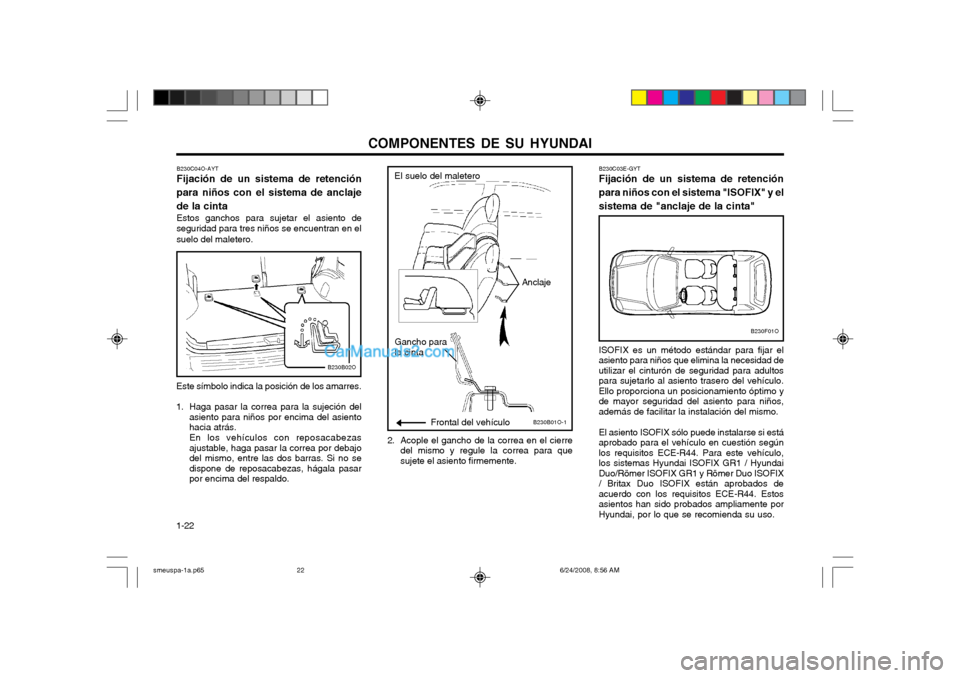 Hyundai Santa Fe 2003 Manual del propietario (in Spanish) COMPONENTES DE SU HYUNDAI
1-22
Gancho para la cinta
B230B01O-1
Anclaje
Frontal del vehículo
El suelo del maleteroB230C04O-AYT Fijación de un sistema de retención
para niños con el sistema de ancla Hyundai Santa Fe 2003 Manual del propietario (in Spanish) COMPONENTES DE SU HYUNDAI
1-22
Gancho para la cinta
B230B01O-1
Anclaje
Frontal del vehículo
El suelo del maleteroB230C04O-AYT Fijación de un sistema de retención
para niños con el sistema de ancla